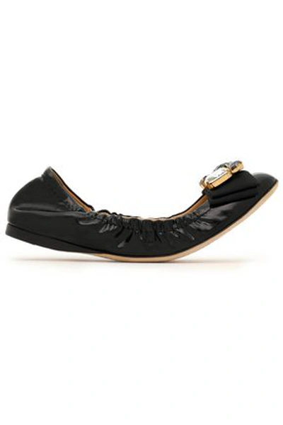 Dolce & Gabbana Woman Crystal And Bow-embellished Patent-leather Ballet Flats Black