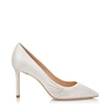 JIMMY CHOO ROMY 85 IVORY SATIN POINTY TOE PUMPS WITH SHOOTING CRYSTALS,ROMY85ZSU