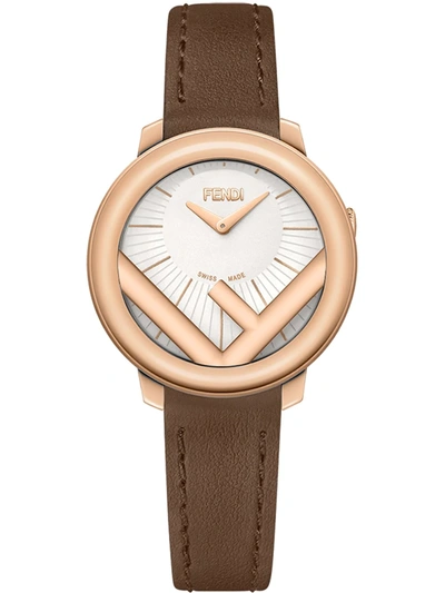 Fendi Run Away Leather Strap Watch, 28mm In Brown/ White/ Rose Gold