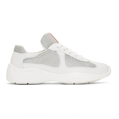 Prada America's Cup Leather And Metallic Mesh Sneakers In White