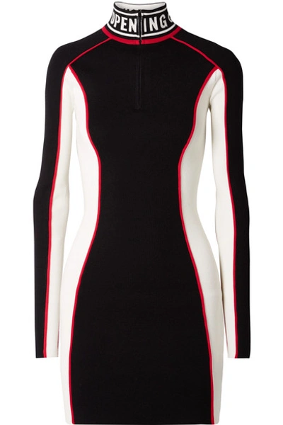 Opening Ceremony Optic Intarsia-trimmed Colour-block Stretch-knit Mini Dress In Black