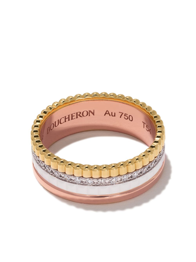 Boucheron Quatre White Edition 18-karat Yellow, White And Rose Gold, Ceramic And Diamond Ring In 3g