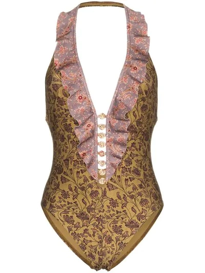 Zimmermann Pink And Brown Floral Juniper Frilled Swimsuit In Multicoloured