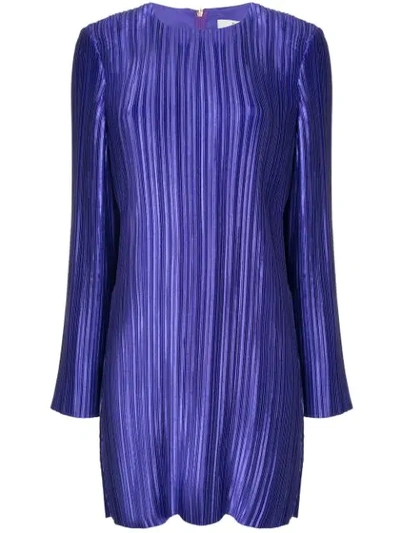 Tibi Long-sleeve Jewel-neck Plisse Mini Cocktail Dress In Purple