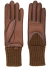 AGNELLE AGNELLE LEATHER KNITTED GLOVES - BROWN