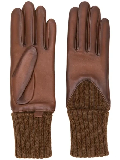 Agnelle Leather Knitted Gloves - 棕色 In Brown