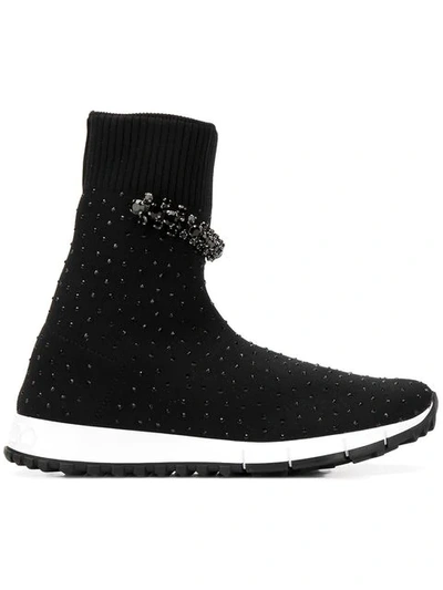 Jimmy Choo Regena Black Knit Trainer With Hotfix Crystal Detailing And Crystal Piece