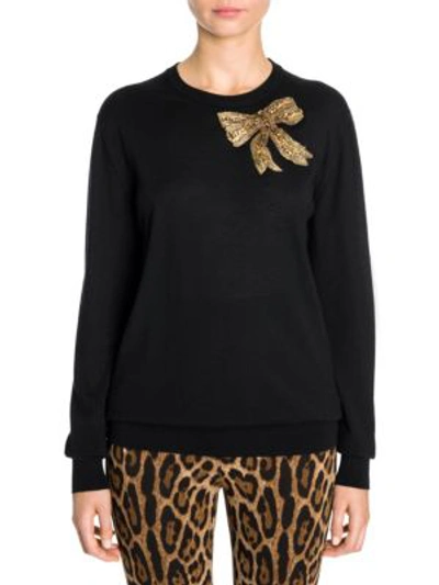 Dolce & Gabbana Embellished-bow Crewneck Cashmere Knit Sweater In Black