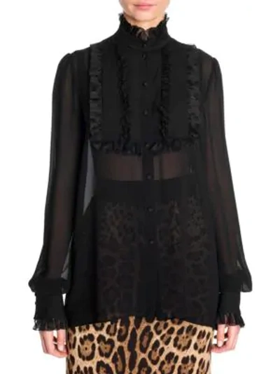 Dolce & Gabbana Mock-neck Ruffled-georgette Button-front Blouse In Black