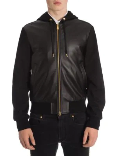 Versace Logo-print Leather And Cotton-jersey Hooded Jacket In Nero
