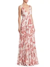 OSCAR DE LA RENTA Floral Sleeveless Pintuck V-Neck A-Line Dress