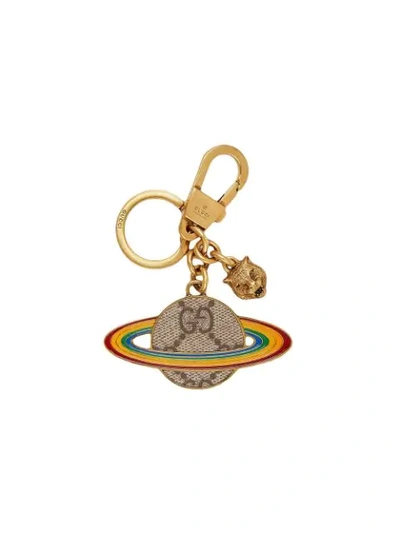 Gucci Planet Gg Supreme Keyring  In Gold