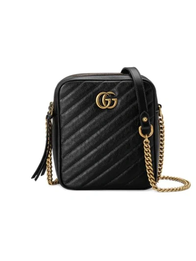 Gucci Gg Marmont Tall Chevron Leather Crossbody Bag In Black Matelassé Leather