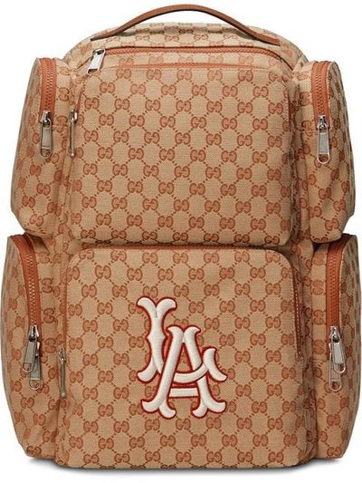 Gucci Men's Large Original Gg Backpack With La Angels Mlb Applique, Beige In Purple