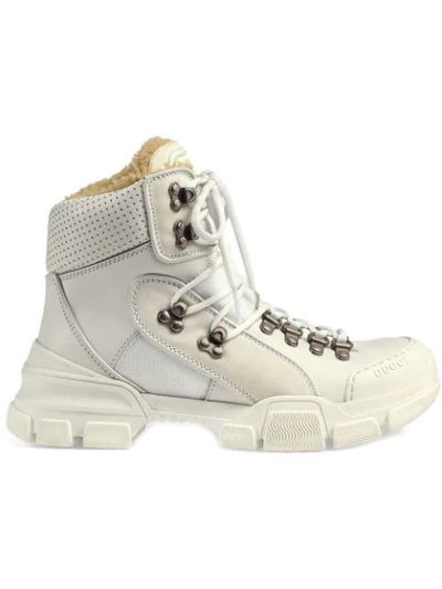 Gucci Flashtrek Faux Shearling-trimmed Leather, Canvas And Suede Boots In White Leather