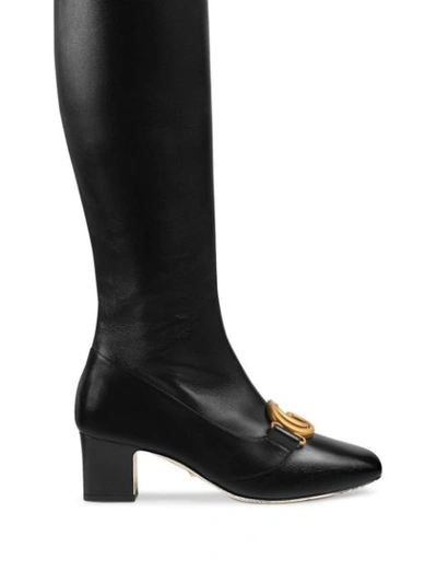 Gucci Victoire Low-heel Leather Mid-calf Boots With Gg In Black