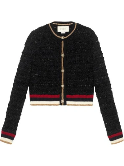 Gucci Knitted Cardigan With Web In Black