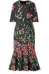 CAROLINA HERRERA FLUTED FLORAL-PRINT COTTON-BLEND MIDI DRESS