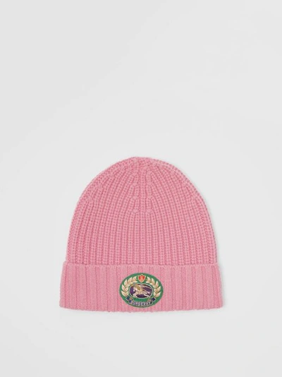 Burberry Embroidered Crest Rib Knit Wool Cashmere Beanie In Rose Pink