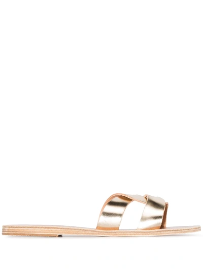 Ancient Greek Sandals Desmos Cutout Metallic Leather Slides In Platinum