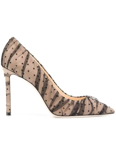 Jimmy Choo Romy 100 Nude Suede Pointy Toe Pumps With Black Ruched Polka Dot Tulle In Black Nude