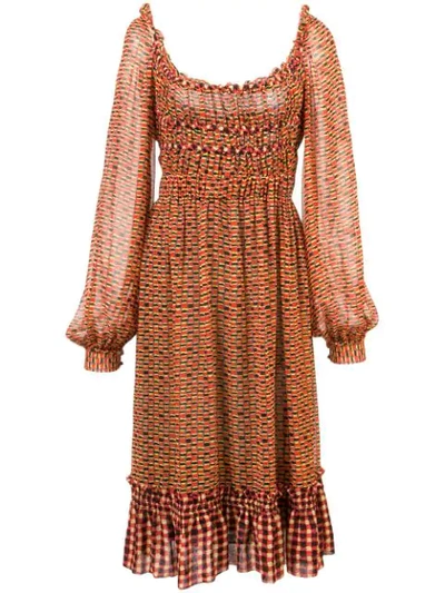 Proenza Schouler Square-neck Long-sleeve Printed Crepe Chiffon A-line Midi Dress In Marrone
