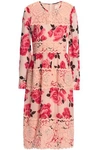 KATE SPADE KATE SPADE NEW YORK WOMAN PANELED GUIPURE LACE AND FLORAL-PRINT GEORGETTE DRESS BLUSH,3074457345619537242