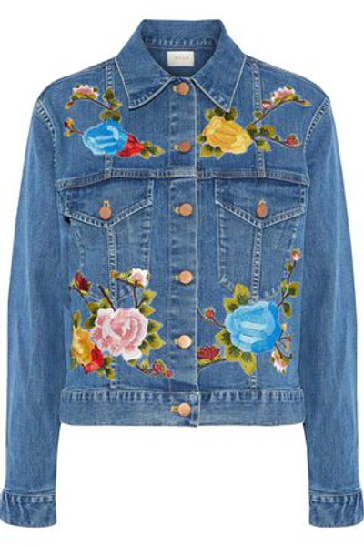 Alice And Olivia Chloe Embroidered Denim Jacket In Mid Denim