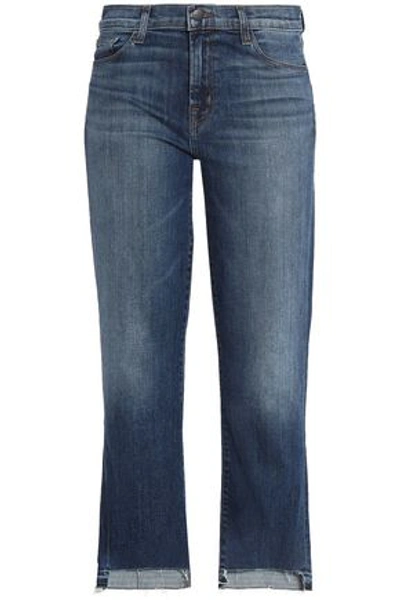 J Brand Frayed Mid-rise Bootcut Jeans In Mid Denim
