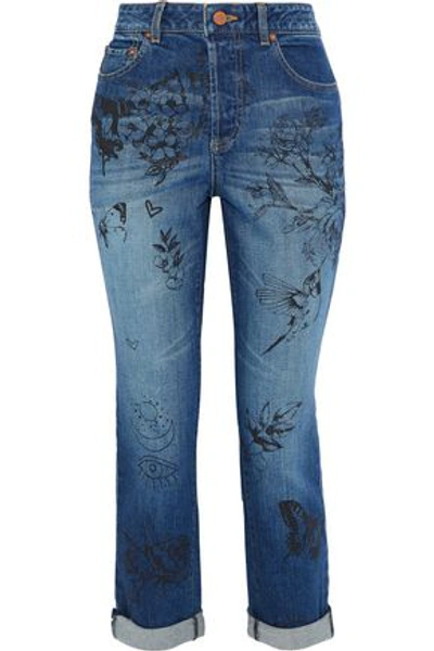 Alice And Olivia Cropped Printed High-rise Slim-leg Jeans In Mid Denim