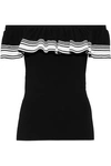 AUTUMN CASHMERE AUTUMN CASHMERE WOMAN OFF-THE-SHOULDER RUFFLED STRIPED KNITTED TOP BLACK,3074457345619629374