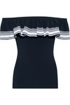 AUTUMN CASHMERE AUTUMN CASHMERE WOMAN OFF-THE-SHOULDER RUFFLED STRIPED KNITTED TOP NAVY,3074457345619629376
