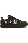 DOLCE & GABBANA DOLCE & GABBANA WOMAN CRYSTAL-EMBELLISHED LACE-PANELED LEATHER SNEAKERS BLACK,3074457345619663265