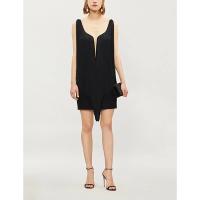 Stella Mccartney Plunging Illusion-neckline Fringe Overlay Mini Dress In Black