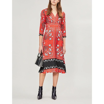 Sandro Graphic-print Contrast-panel Silk Dress In Red