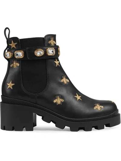 Gucci Embroidered Leather Ankle Boot With Belt In Black Leather