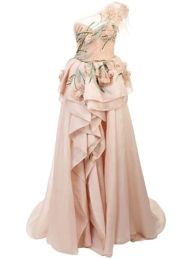 Marchesa One Shoulder Floral Blush Ball Gown