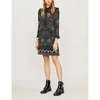 SANDRO RUFFLE-TRIMMED CONVERSATIONAL-PRINT CHIFFON DRESS