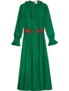 Gucci Belted Ruffle-trimmed Pleated Silk-twill Dress In Green