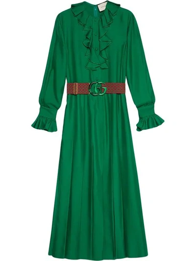 Gucci Belted Ruffle-trimmed Pleated Silk-twill Dress In Green