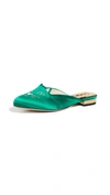 Charlotte Olympia 10mm Kitty Satin Mules In Green/gold