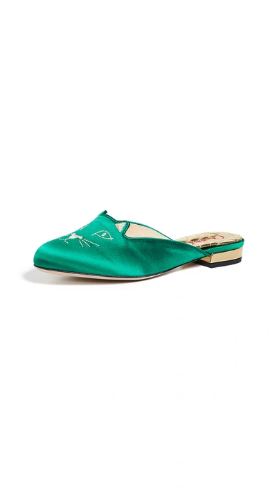Charlotte Olympia 10mm Kitty Satin Mules In Green/gold