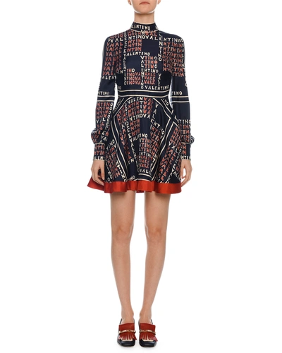 Valentino Mock-neck Long-sleeve Puzzle-print Mini Dress In Multicolored