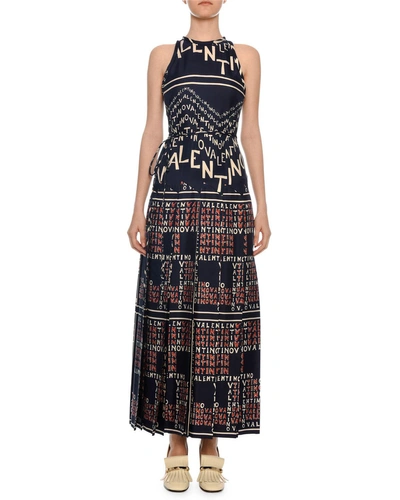 Valentino Chevron And Puzzle Print Twill Silk Dress In Blue