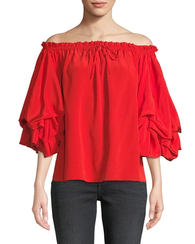 Diane Von Furstenberg Georganne Off-shoulder Tucked-sleeve Top In Red