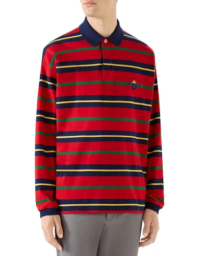 Gucci Men's Long-sleeve Rugby-striped Polo Shirt In 6057 Red
