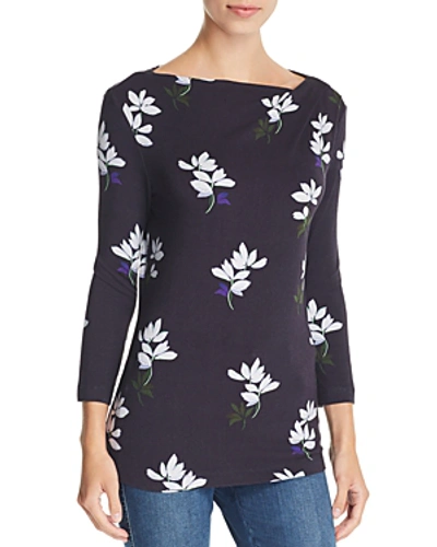 St John 3/4-sleeve Painted Floral Jersey Drape T-shirt In Navy Multi