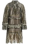 dressing gownRTO CAVALLI WOMAN RUFFLE-TRIMMED METALLIC LACE MINI DRESS GOLD,GB 1016843419860832