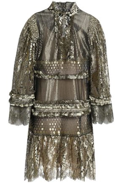 Roberto Cavalli Woman Ruffle-trimmed Metallic Lace Mini Dress Gold