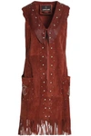 ROBERTO CAVALLI WOMAN FRINGE-TRIMMED LEATHER-PANELED STUDDED SUEDE VEST BROWN,GB 3616377385202936